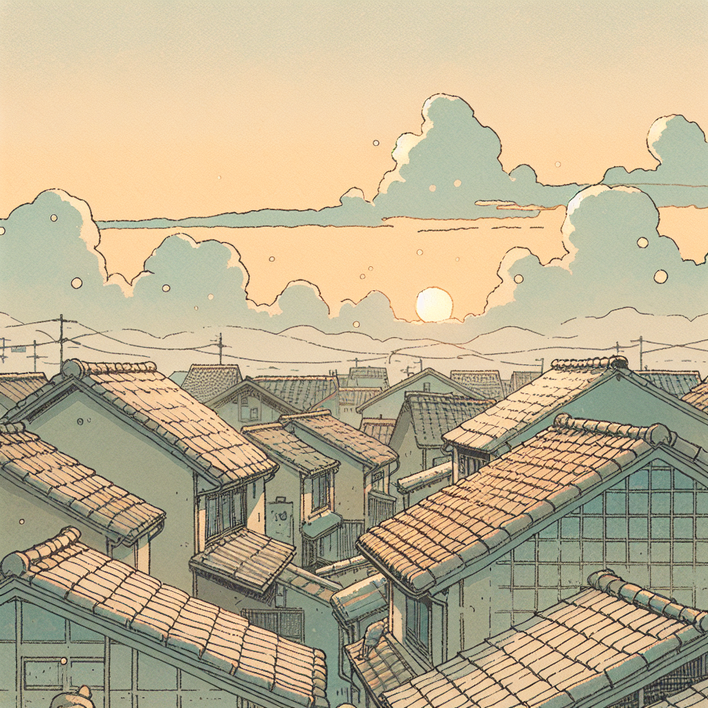 A soft dawn sky over the tiled rooftops of Stillwater Commons. Pale apricot light barely touches the clouds. No people — just the village asleep beneath a quiet sky.