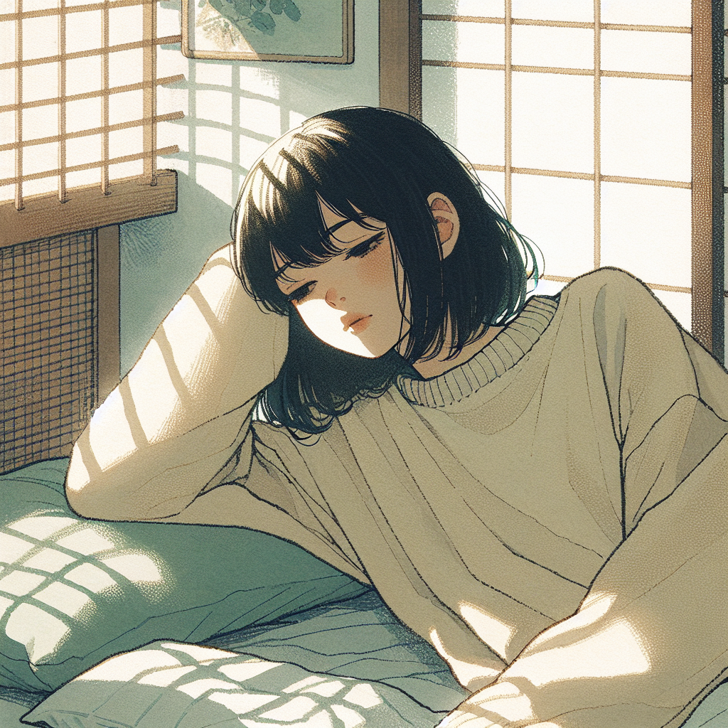 Sora lying in bed, eyes half-open, staring at the ceiling. Morning light through paper screens casts soft lattice shadows across the room. She looks tired but awake.