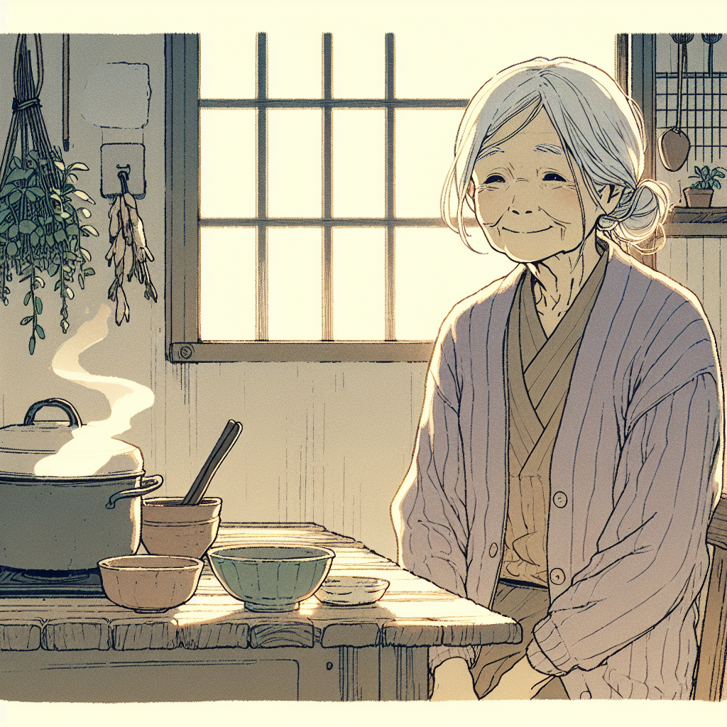 Yuki's kitchen in the warm evening light — an old wooden table set with two mismatched bowls, a clay pot steaming on the stove, herbs hanging from a low beam. Everything well-used and well-loved. No one in the frame yet, just the room.