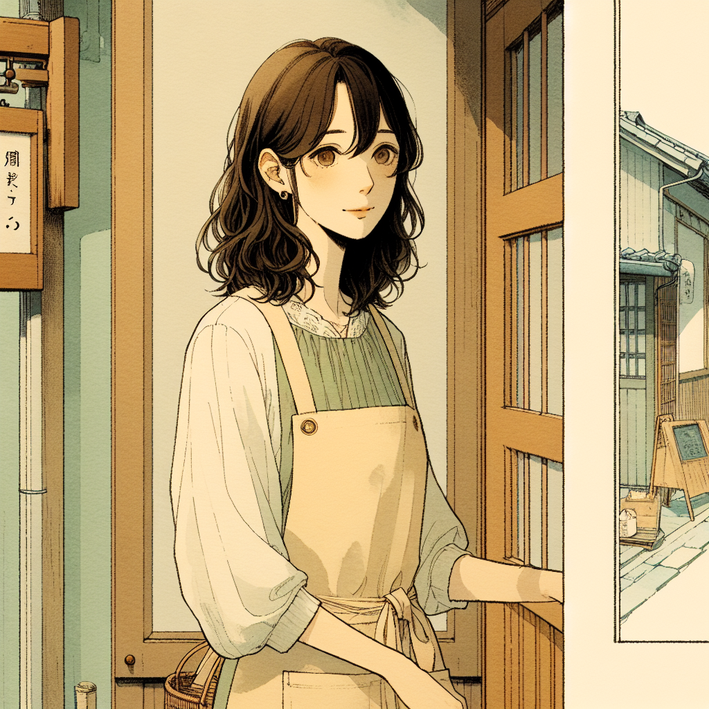 The exterior of Hana's tea shop in the earliest morning light, before opening — the wooden sign unlit, door closed, the street empty. A pale mist sits in the lane outside.