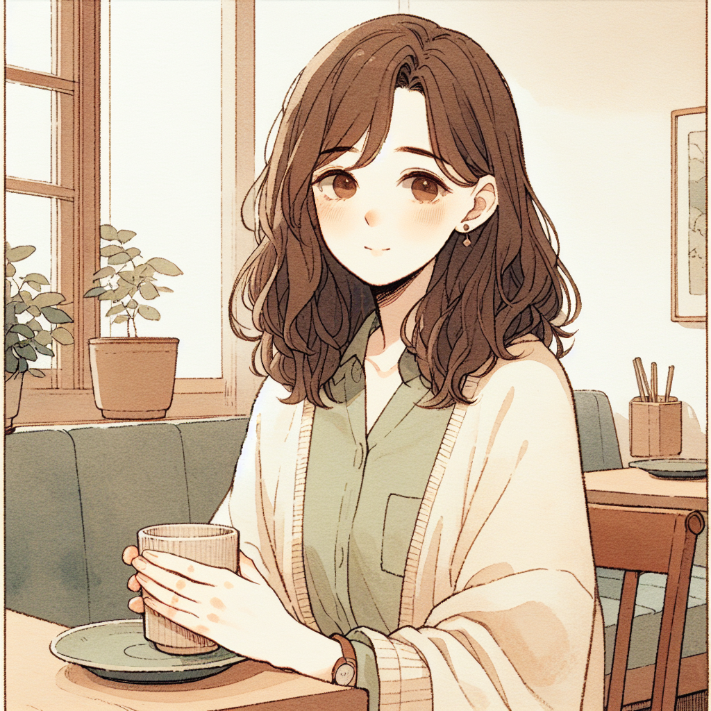 Hana alone at a small back table with a cup of tea she has made only for herself. No apron yet. A simple cardigan. Her hands around the cup, not working, just holding.