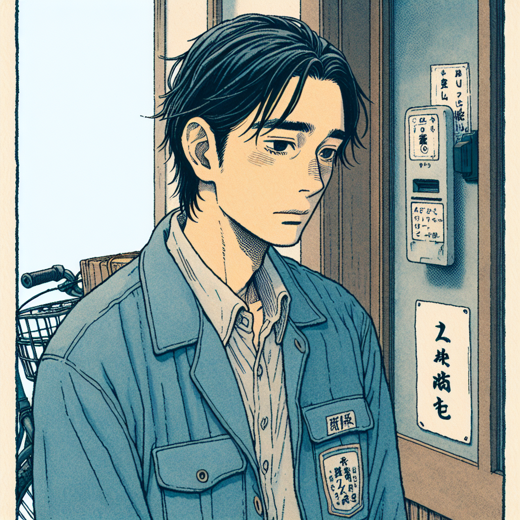 Kenji standing at the door of the village post office, bicycle beside him, postal bag conspicuously empty. He reads a small handwritten sign on the door: "No deliveries. Rest day." His expression: mild bewilderment.