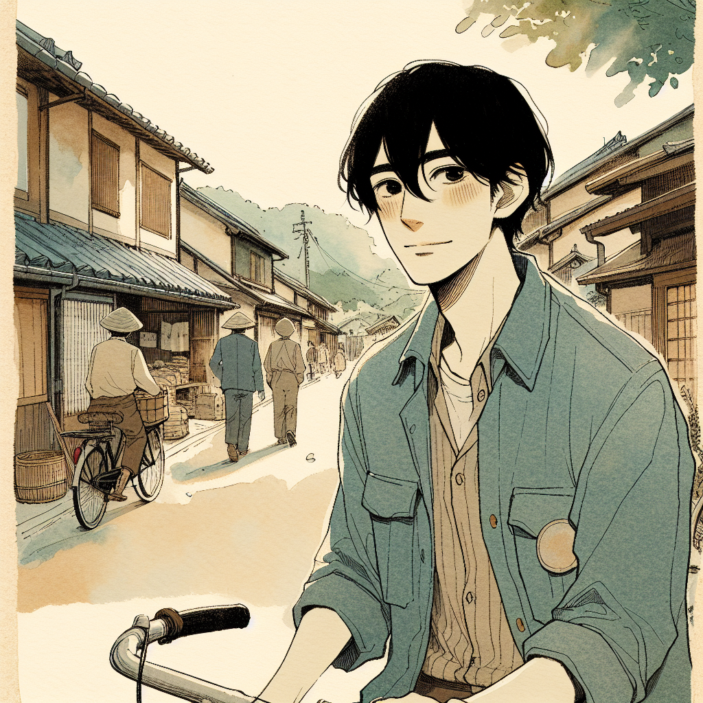 Kenji cycling slowly through the main village street, no destination, one hand loose on the handlebar. Other villagers go purposefully about their day. He looks mildly out of place being the only one without somewhere to be.