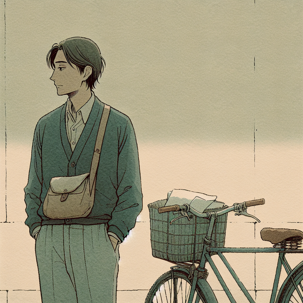 An old bicycle leaning against a stone wall, a canvas bag of letters hanging from the handlebars, morning mist in the background