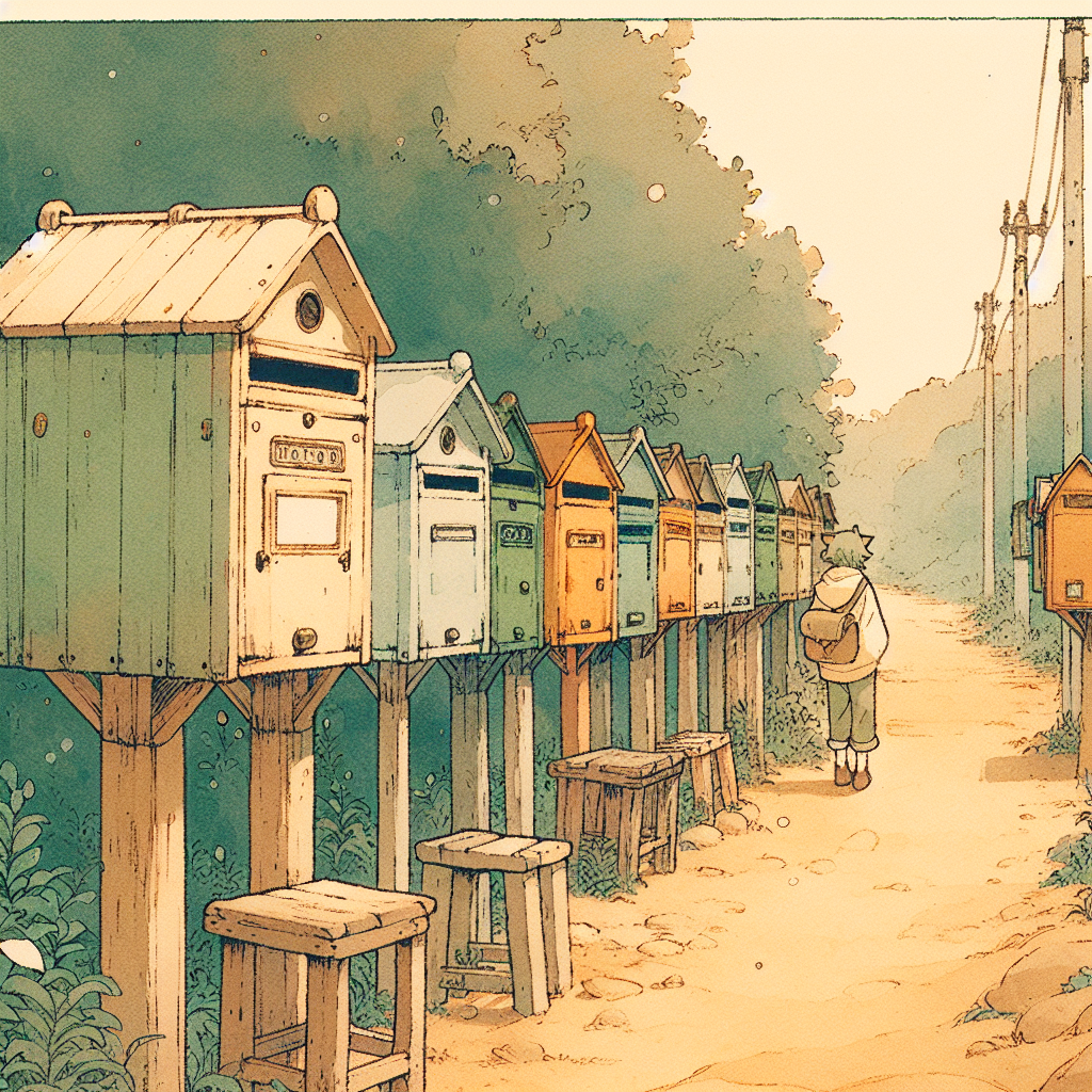 A row of old wooden mailboxes along a dirt path, each one unique, painted different faded colors