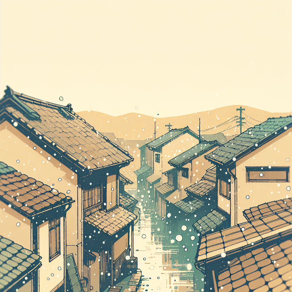 Rain falling on village rooftops, each drop creating tiny circles in puddles on the cobblestone street