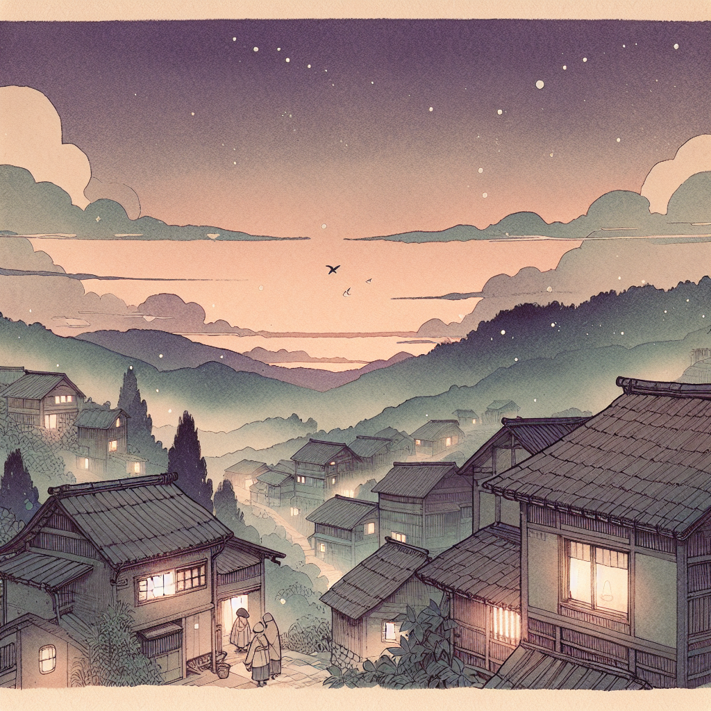 The village at dusk — soft purple sky, the last amber of sunset fading behind the hills, the first stars appearing, lanterns warming in windows