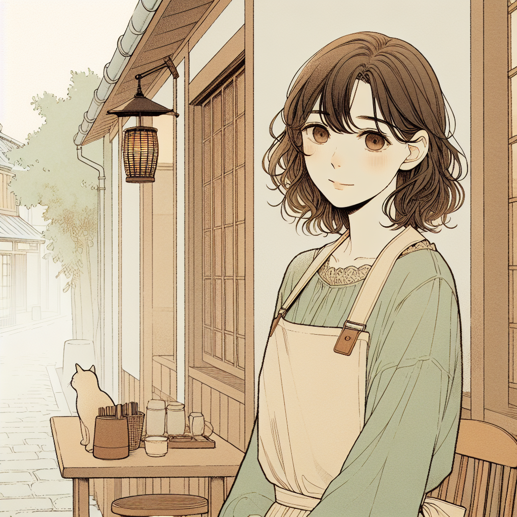 A wooden bench outside Hana's tea shop, a single lantern hanging above it, the street quiet and empty except for a long-eared cat