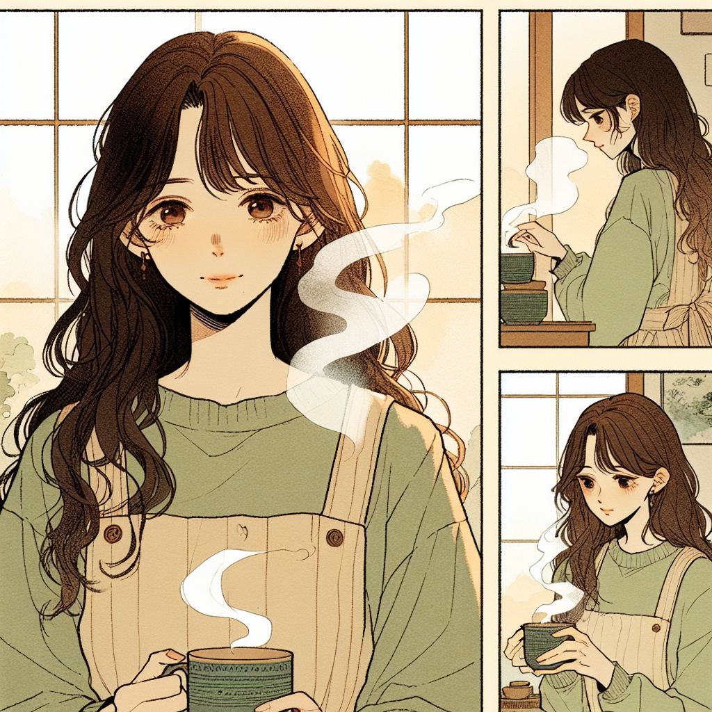 Steam rising from a ceramic cup, swirling in the morning light, each wisp catching gold