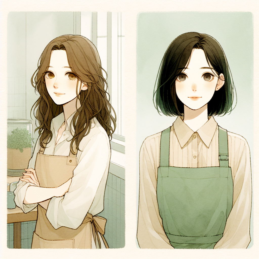 Hana behind a wooden counter, arranging dried flowers in a jar, her movements slow and deliberate