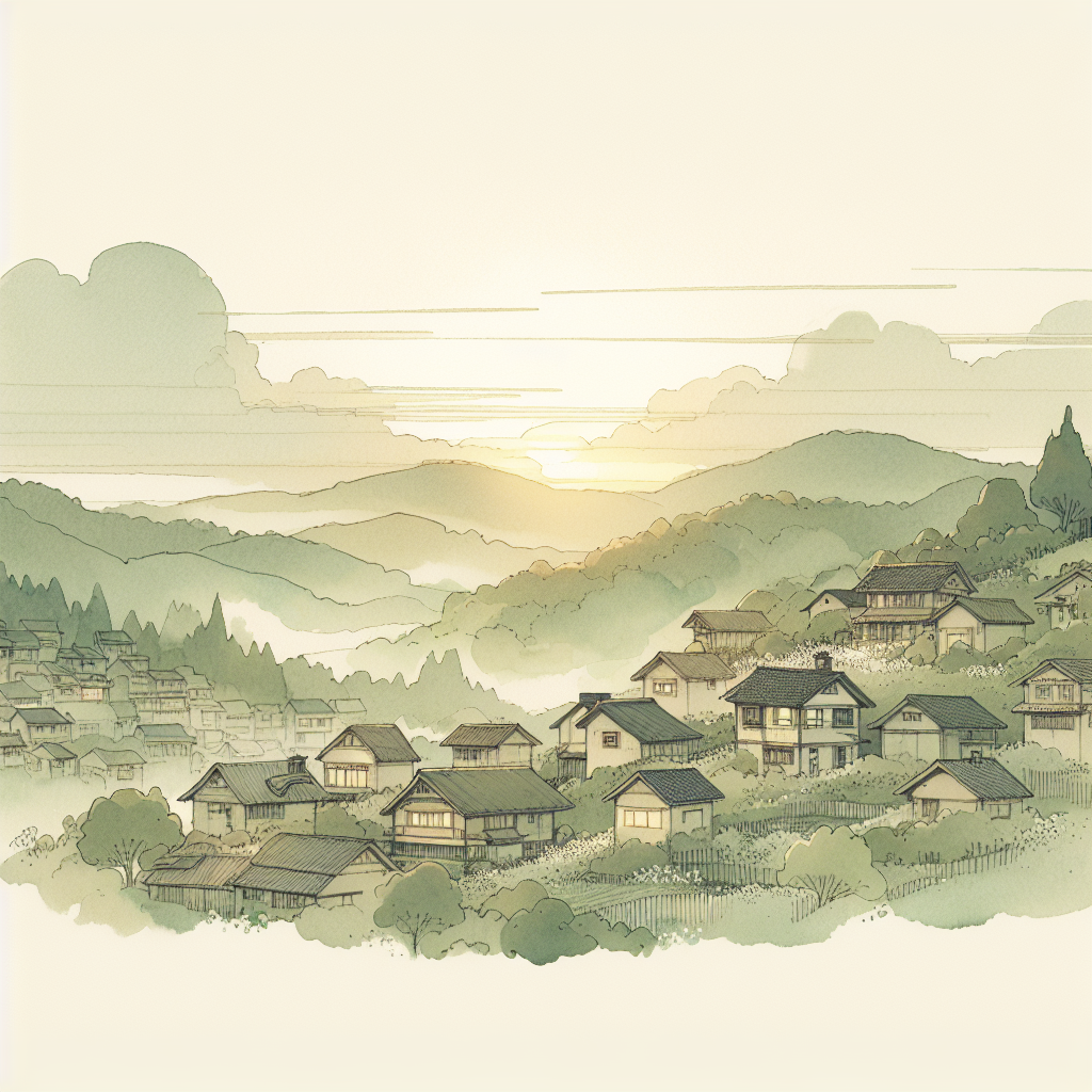 A distant village nestled between soft green hills, the first light of dawn spreading across the sky like spilled watercolor