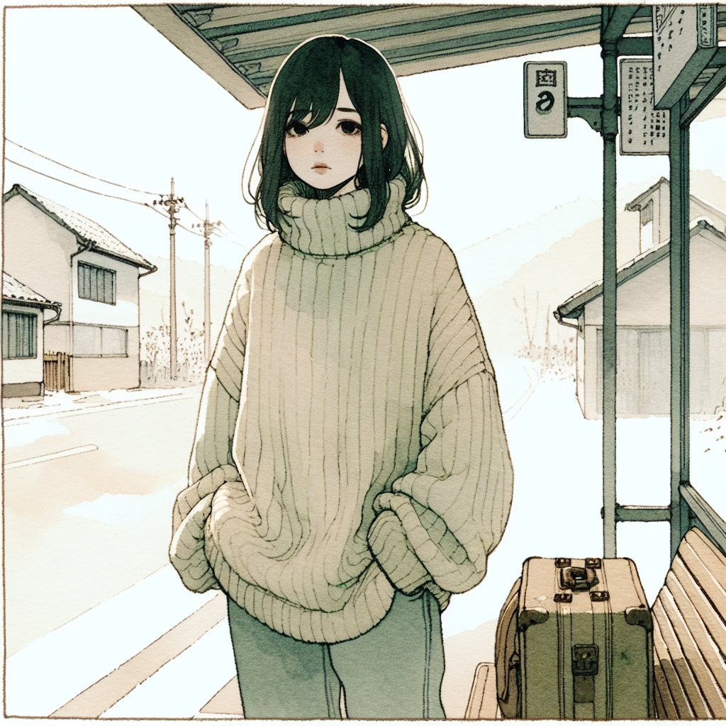 A figure standing alone at an empty bus stop, a worn suitcase at their feet, looking toward the village