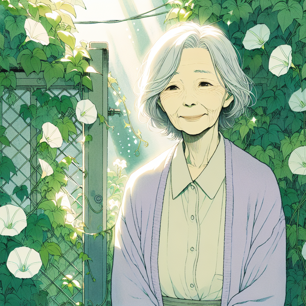 An overgrown garden gate covered in morning glory vines, sunlight filtering through leaves creating dappled patterns on the ground