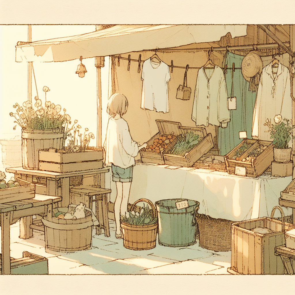 A small open-air market with wooden stalls, hand-painted signs, buckets of wildflowers, and baskets of vegetables catching the morning light