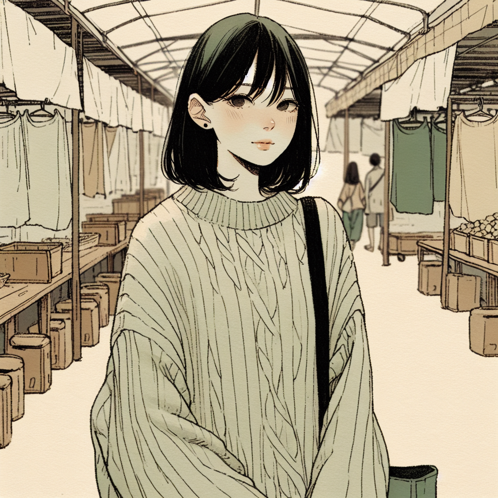 Sora walking slowly between stalls, hands empty at her sides, no bag, no phone, just looking