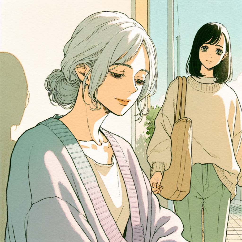 An afternoon street, warm golden light, Sora walking past a garden wall when she notices Yuki struggling to carry a heavy wooden crate