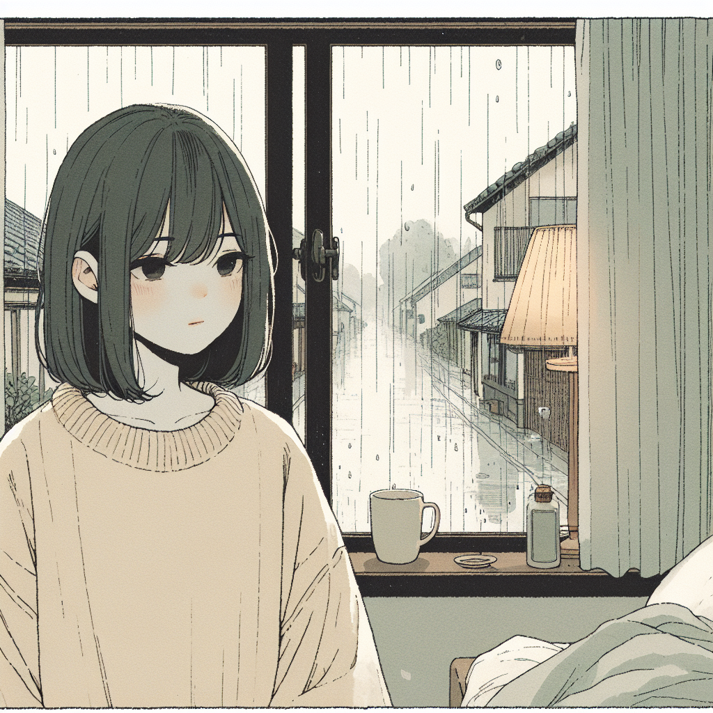 Sora's bedroom window in the morning — sheets of rain falling steadily outside, the village street below blurred and grey, rivulets tracing paths down the glass. Inside: warm lamp, unmade bed, a mug.