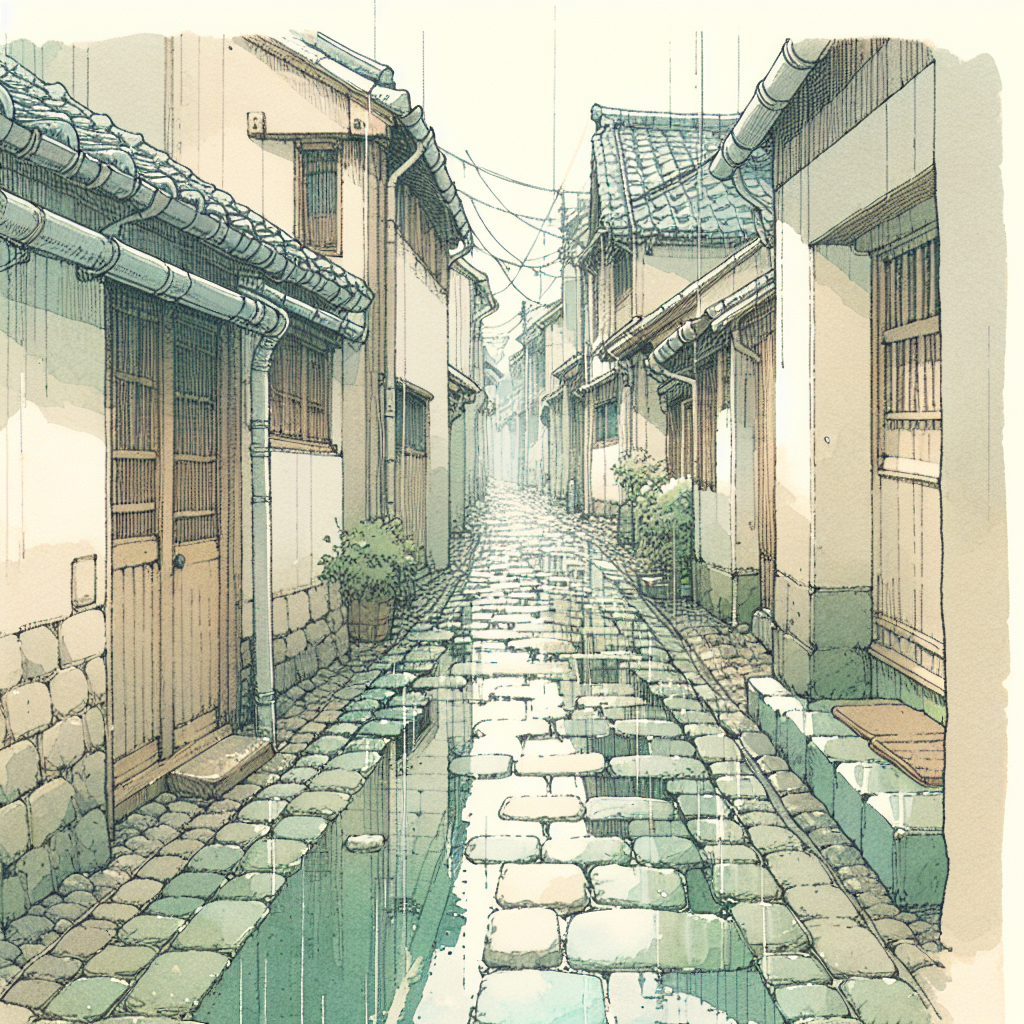 A narrow stone street after morning rain — wet cobblestones catching pale silver light, puddles reflecting the rooftops above, droplets still falling from eaves. No people yet, just the fresh quiet after a shower.