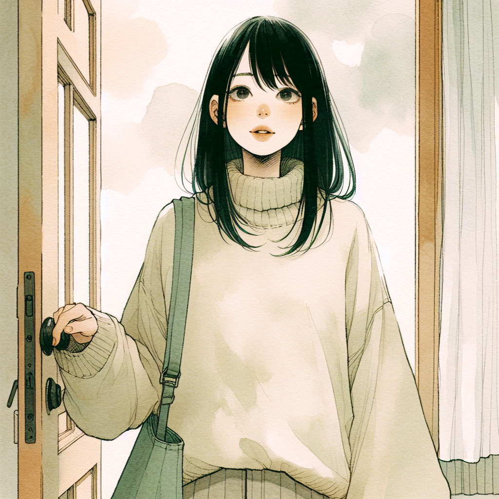 Sora stepping out through her front door, one hand still on the frame, looking up at the pale overcast sky. She is wearing a soft cream jacket, her bag slung over one shoulder. Expression cautious, curious.