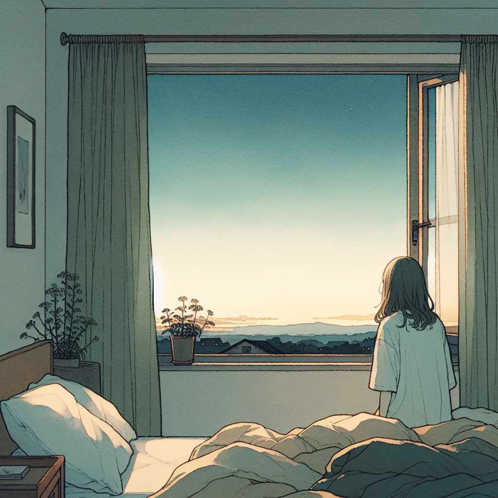 A pale dawn sky seen through a small bedroom window, the first edge of light just beginning to define the horizon, everything still dark blue and cream