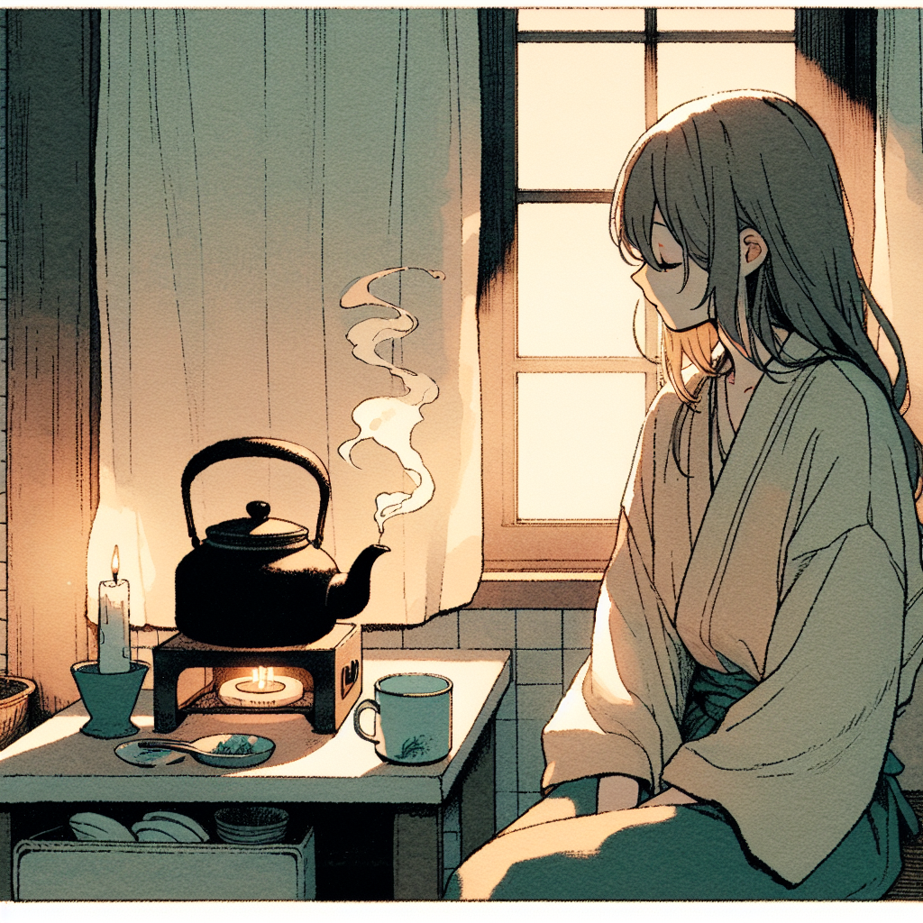 A kettle on a small stove, steam beginning to rise, the kitchen dim and warm, a single candle on the windowsill